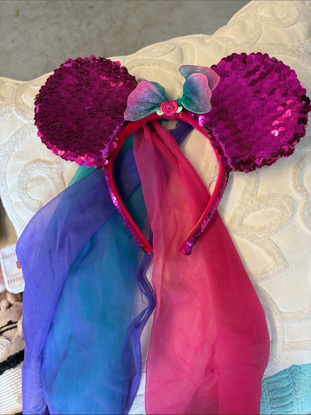 Disney Magenta Sequin Minnie Ears Headband with Multicolor Veil